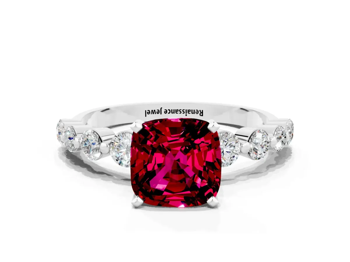 Cushion Cut Solitaire Garnet Ring with Pave Band and Four-Prong Setting Platinum