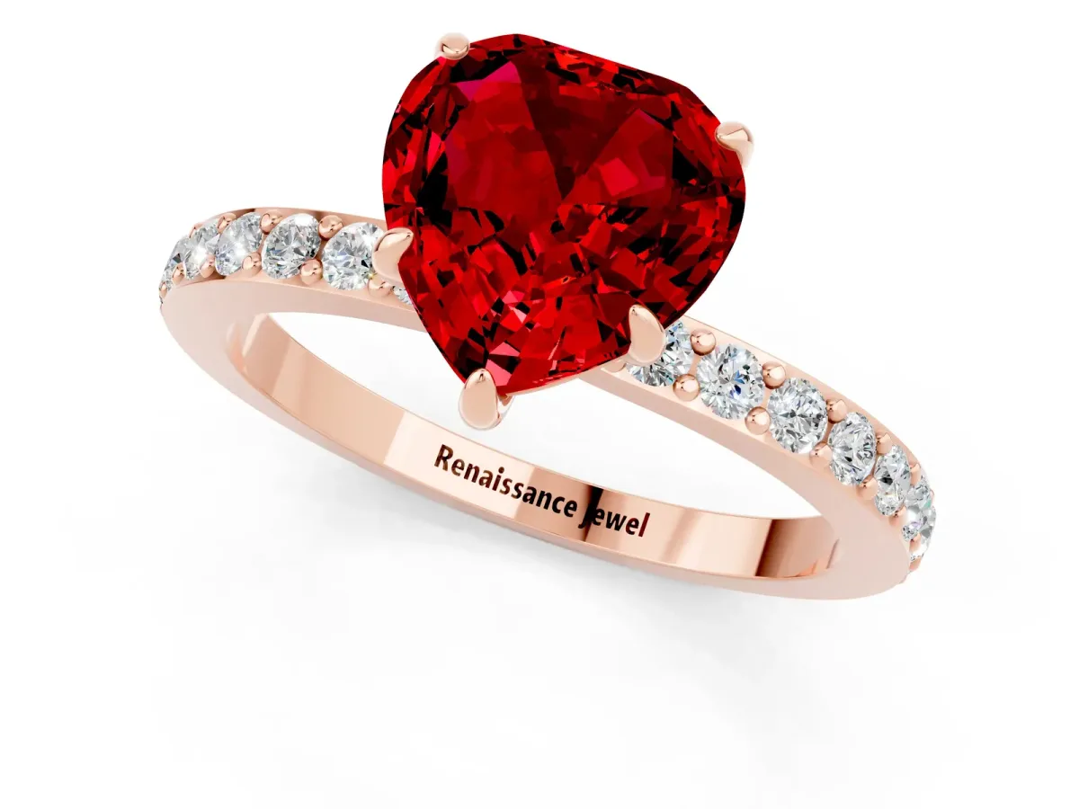 Heart Cut Ruby Solitaire Engagement Ring with Pavé Band and Four-Prong Setting Rose gold