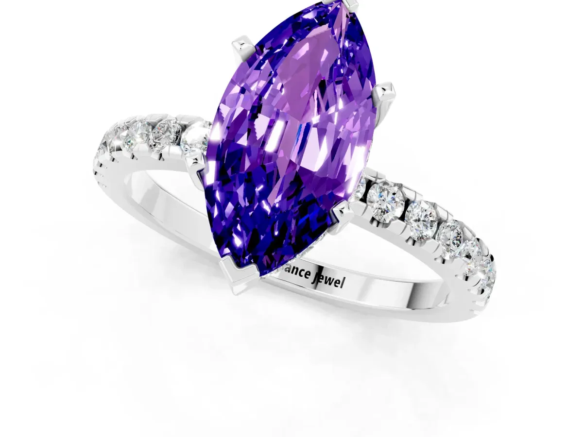 Marquise Cut Tanzanite Solitaire Ring with Round Pavé Band and Four-Prong Setting Silver