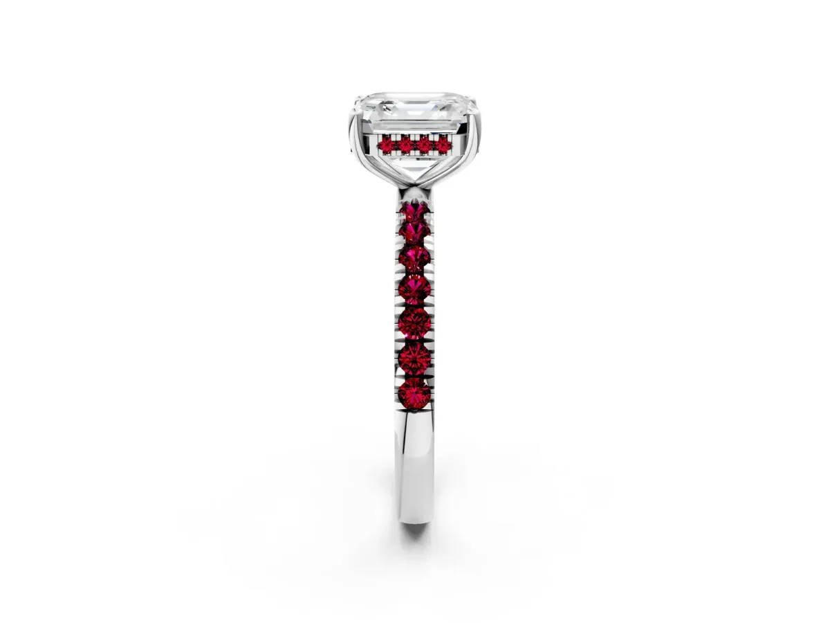 Asscher Cut Diamond Pave Band Solitaire Ring with Round Garnet and Prong Setting Platinum