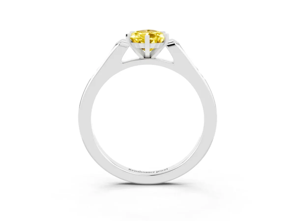 Pear Cut Yellow Sapphire Solitaire Ring with Channel Set Round Band and Prong Setting Silver