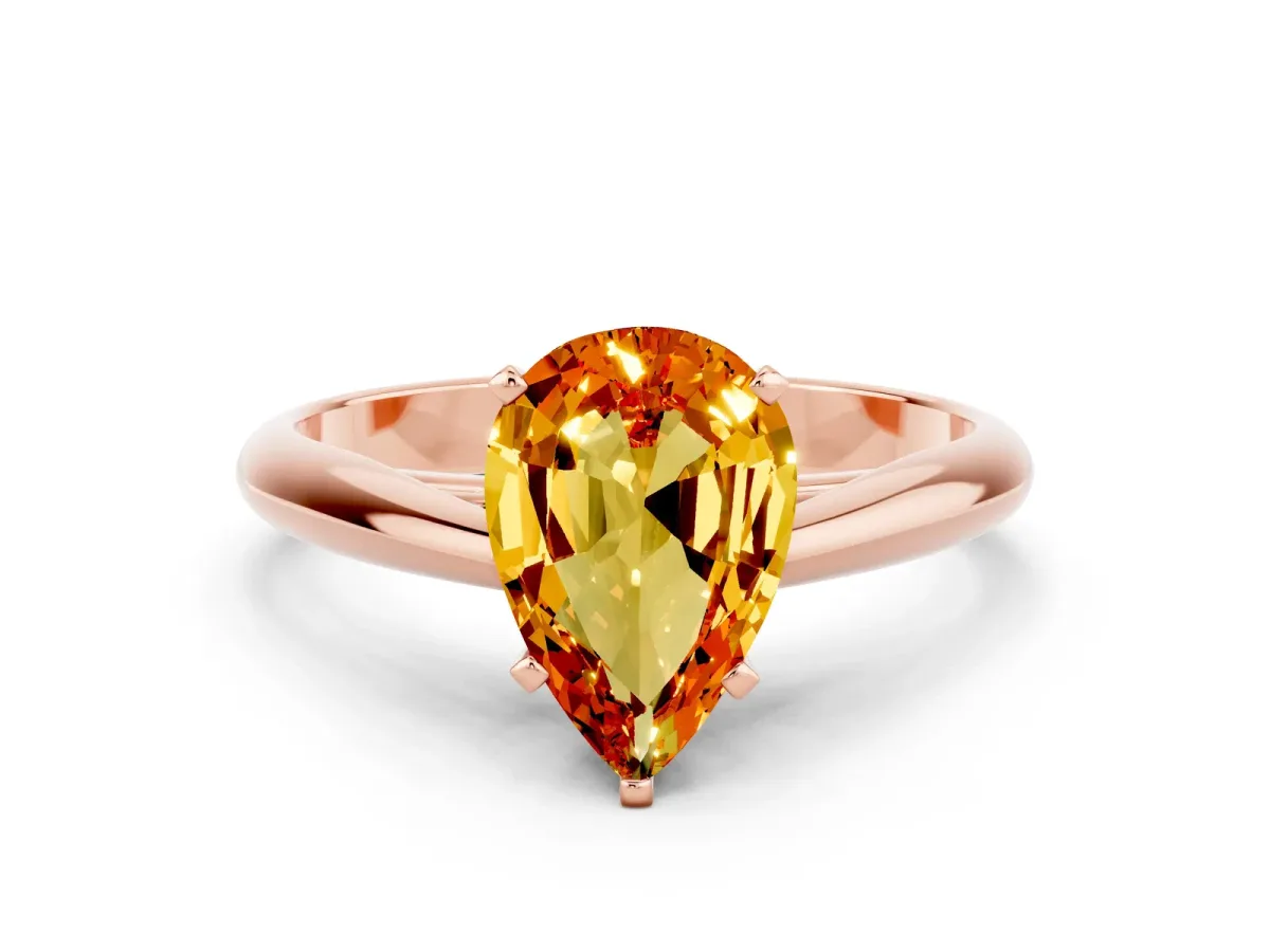 Pear Cut Citrine Solitaire Engagement Ring with Cathedral Setting and Four-Prong Mount Rose gold