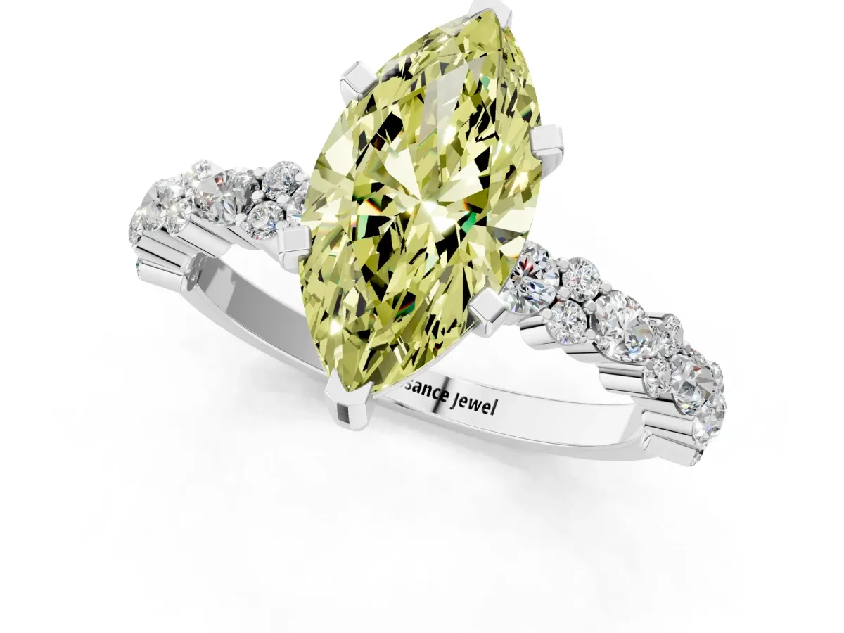Fancy Yellow Marquise Cut Diamond Side Stone Solitaire Ring with Round and Four-Prong Setting Silver