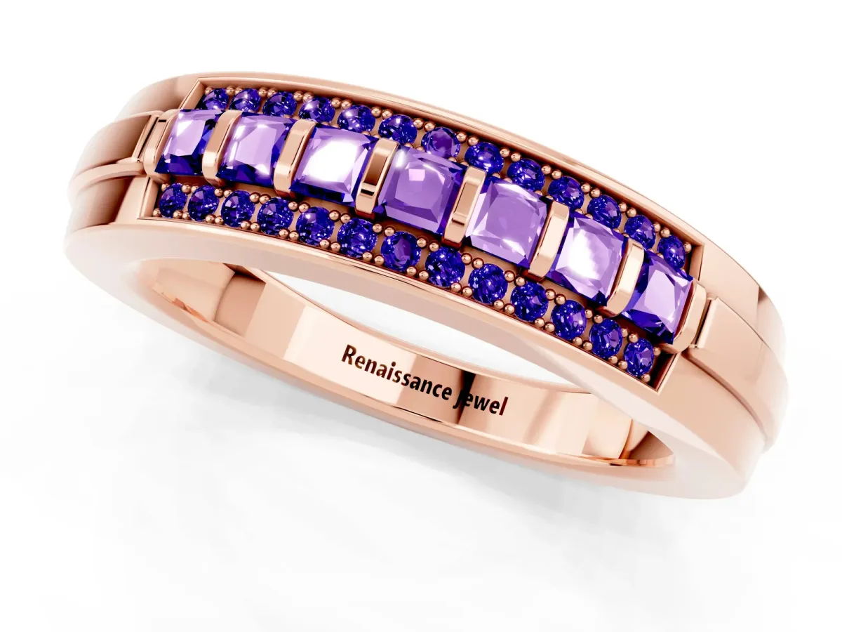 Bar-Set Princess Cut Tanzanite Pavé Band Rose gold