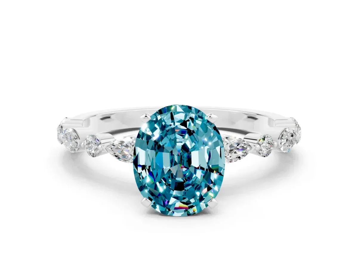 Oval Cut Blue Topaz Ring with Marquise and Round Side Stones and Four-Prong Setting Silver