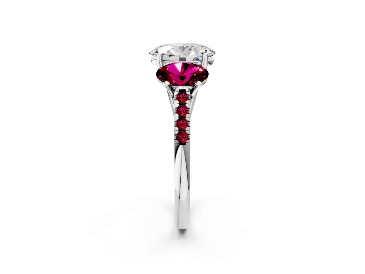 Three-Stone Oval Cut Diamond Ring with Round Garnet Pavé Band and Prong Setting Silver