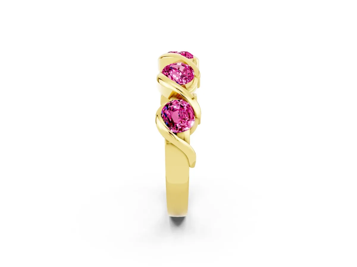 Round Pink Sapphire Wave Band with Channel Setting and Shared Prongs Yellow gold