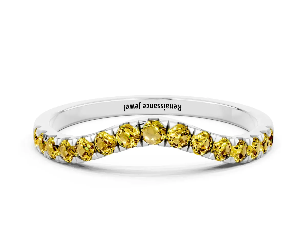 Curved Pavé Round Yellow Sapphire Wedding Band with Shared Prong Setting Silver