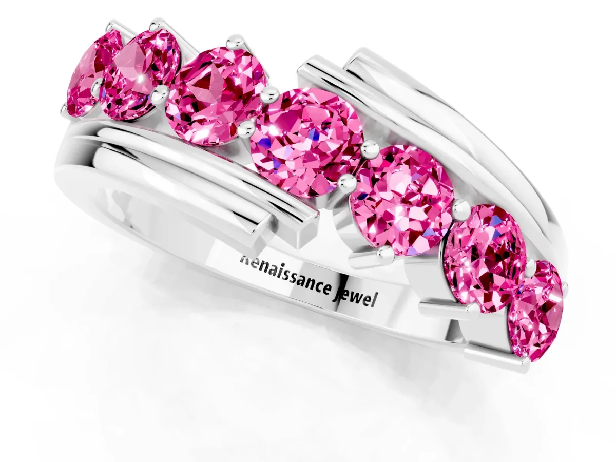 Round Pink Sapphire Wave Band with Channel and Shared Prong Setting Platinum