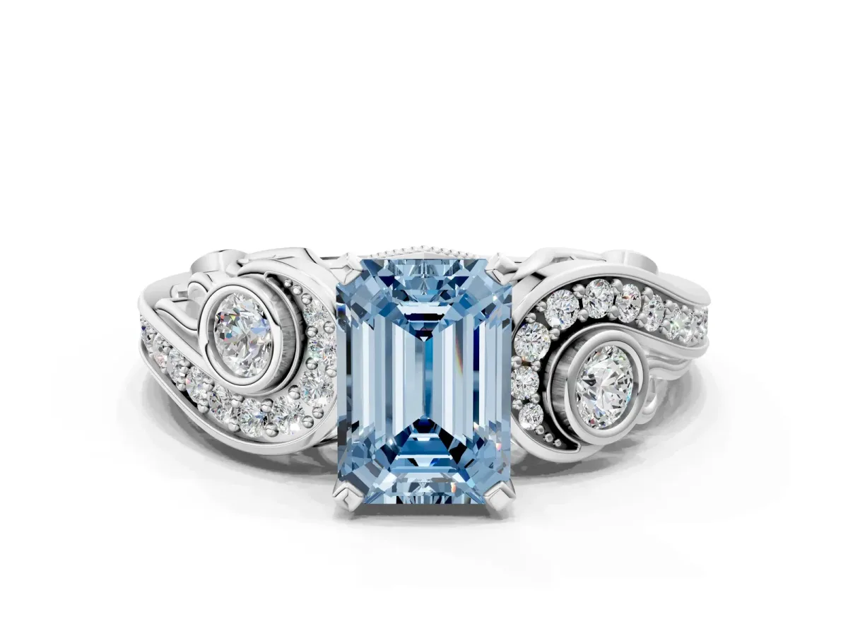 Fancy Blue Emerald Cut Diamond Solitaire Ring with Milgrain Pavé Band and Four-Prong Setting Silver