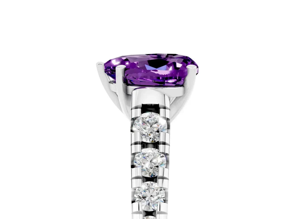 Heart Cut Amethyst Cathedral Solitaire Ring with Round Pavé Band Silver