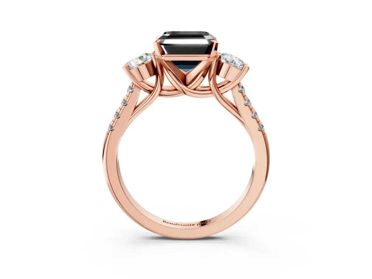 Fancy Black Three-Stone Asscher Cut Diamond Pavé Band with Four-Prong Setting Rose gold