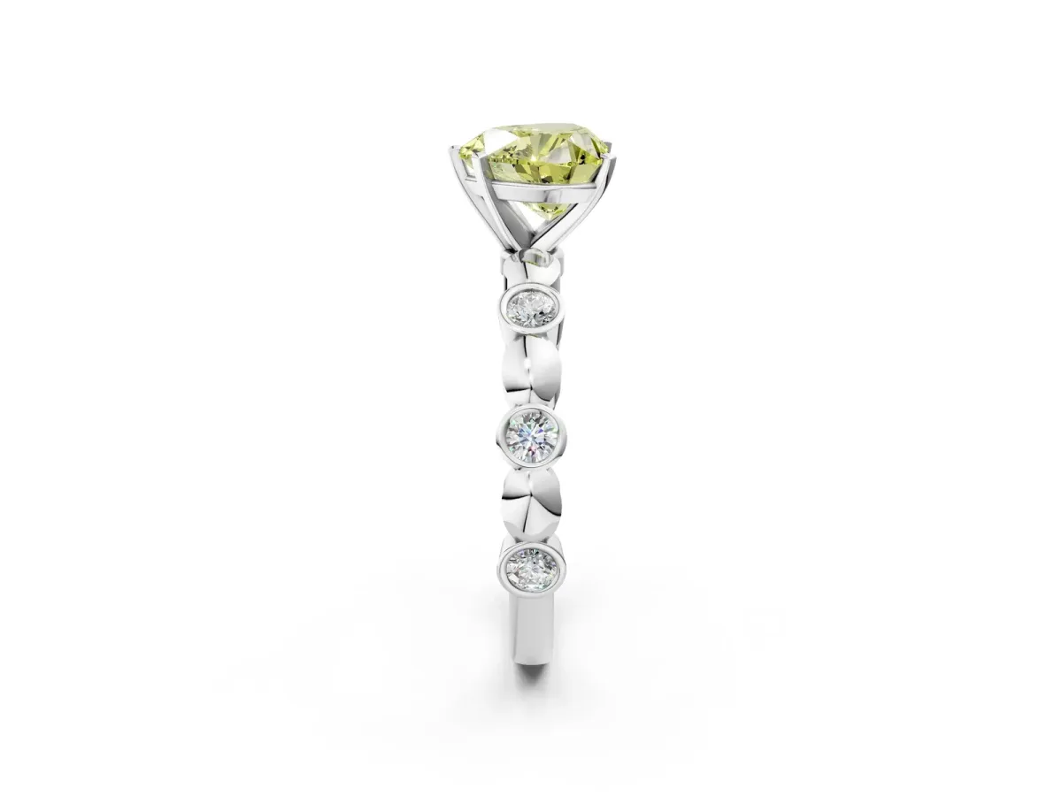 Fancy Yellow Heart Cut Solitaire Bezel-Set Diamond Ring with Beaded Band and Four-Prong Setting Silver