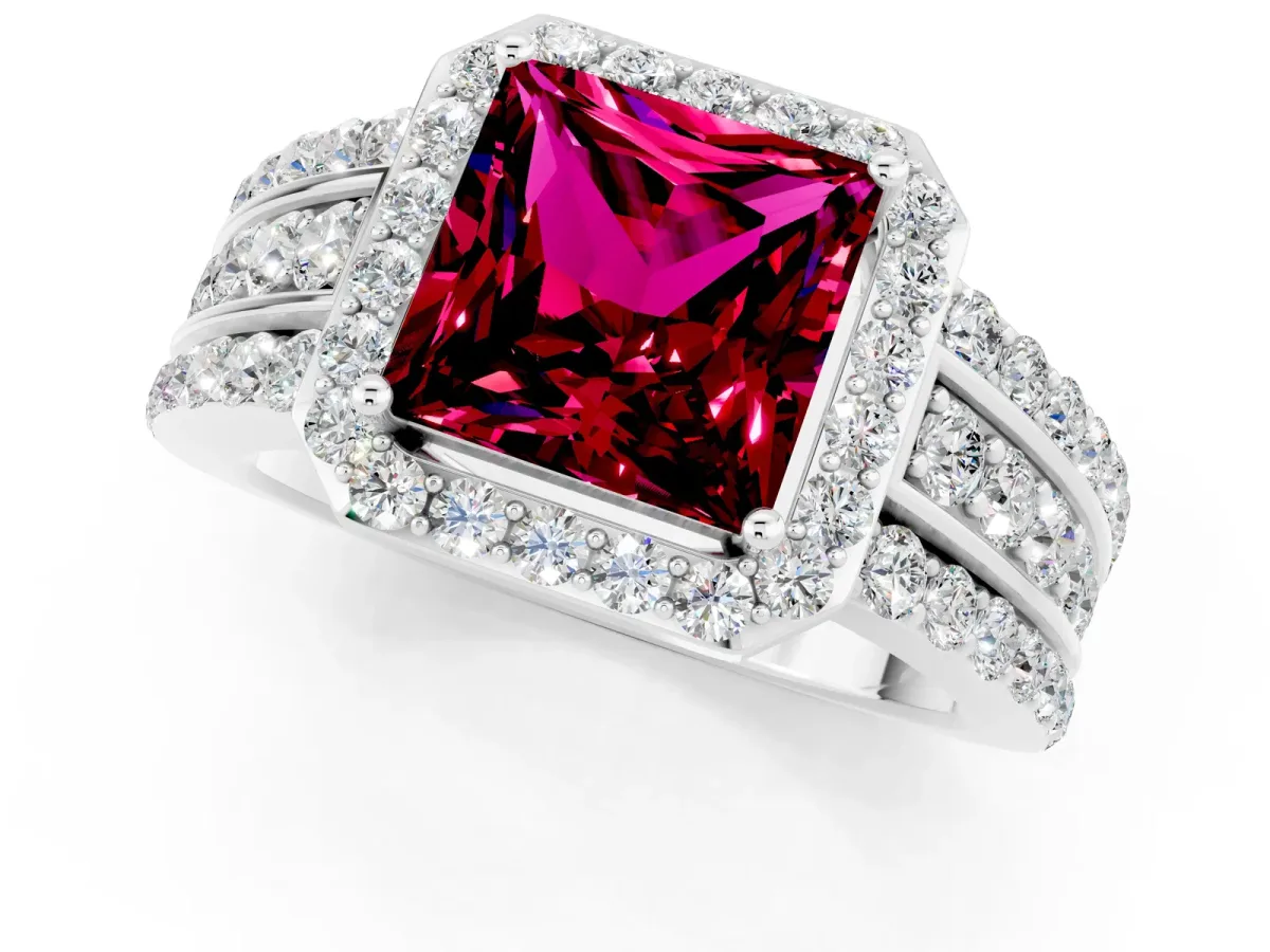Princess Cut Halo Garnet Ring with Round Split Shank and Prong Setting Platinum