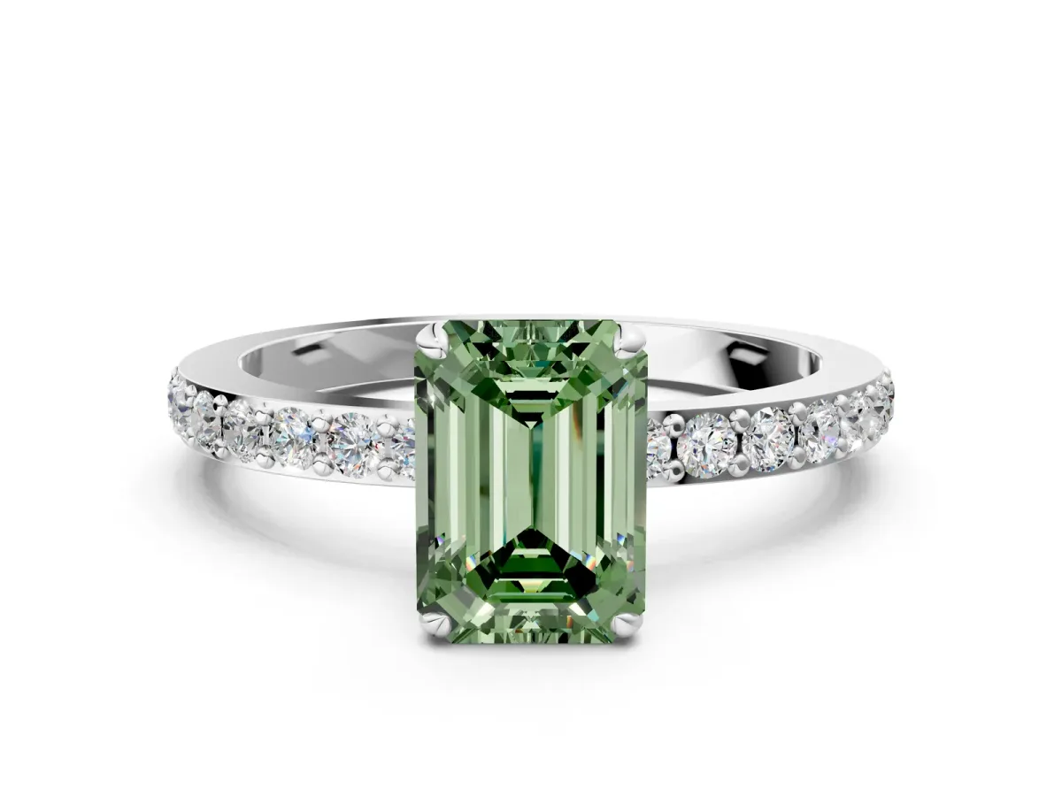 Fancy Green Emerald Cut Diamond Solitaire Engagement Ring with Pavé Band and Four-Prong Setting Silver