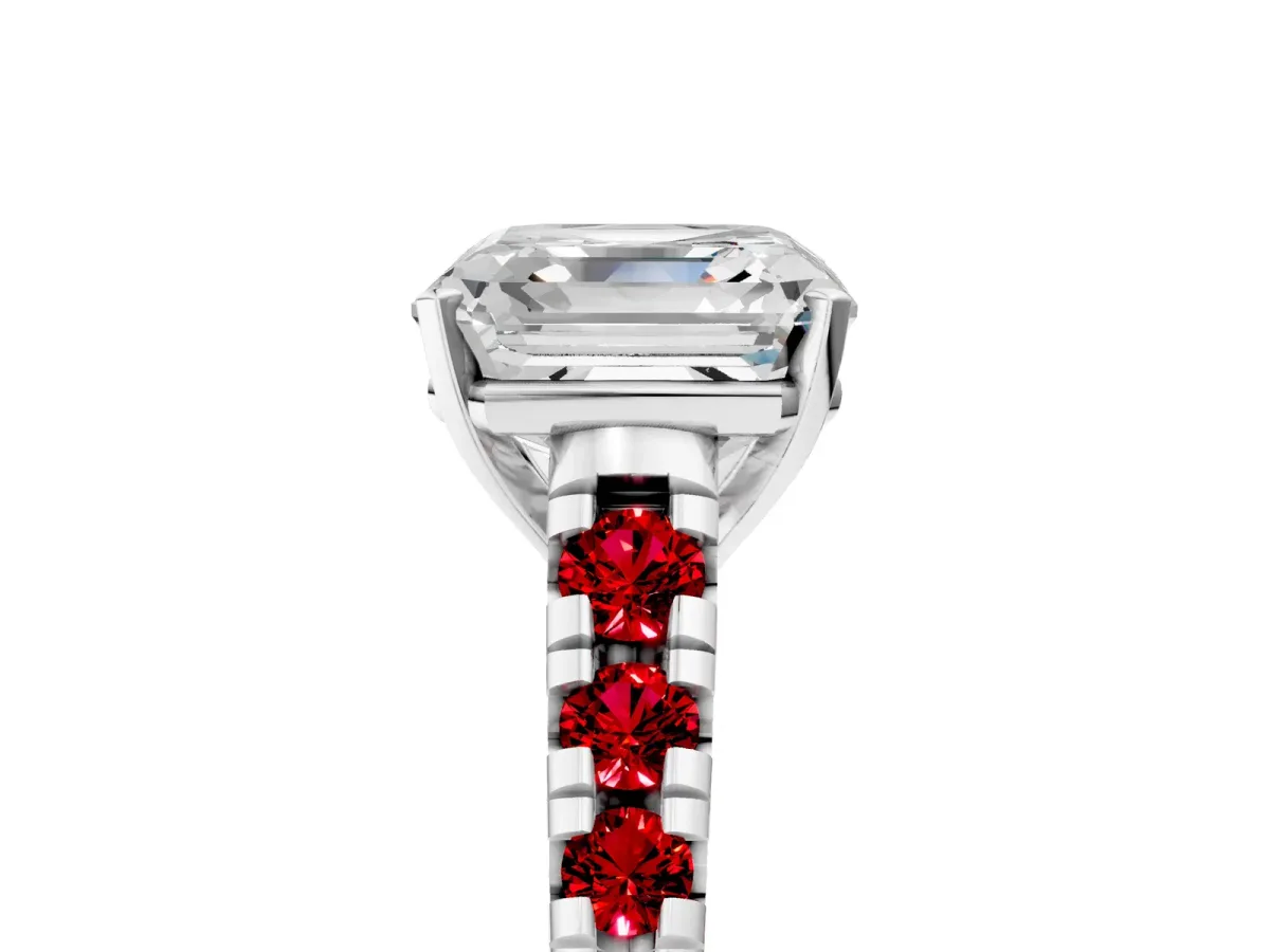 Asscher Cut Diamond Cathedral Solitaire Ring with Round Ruby Pavé Band Silver