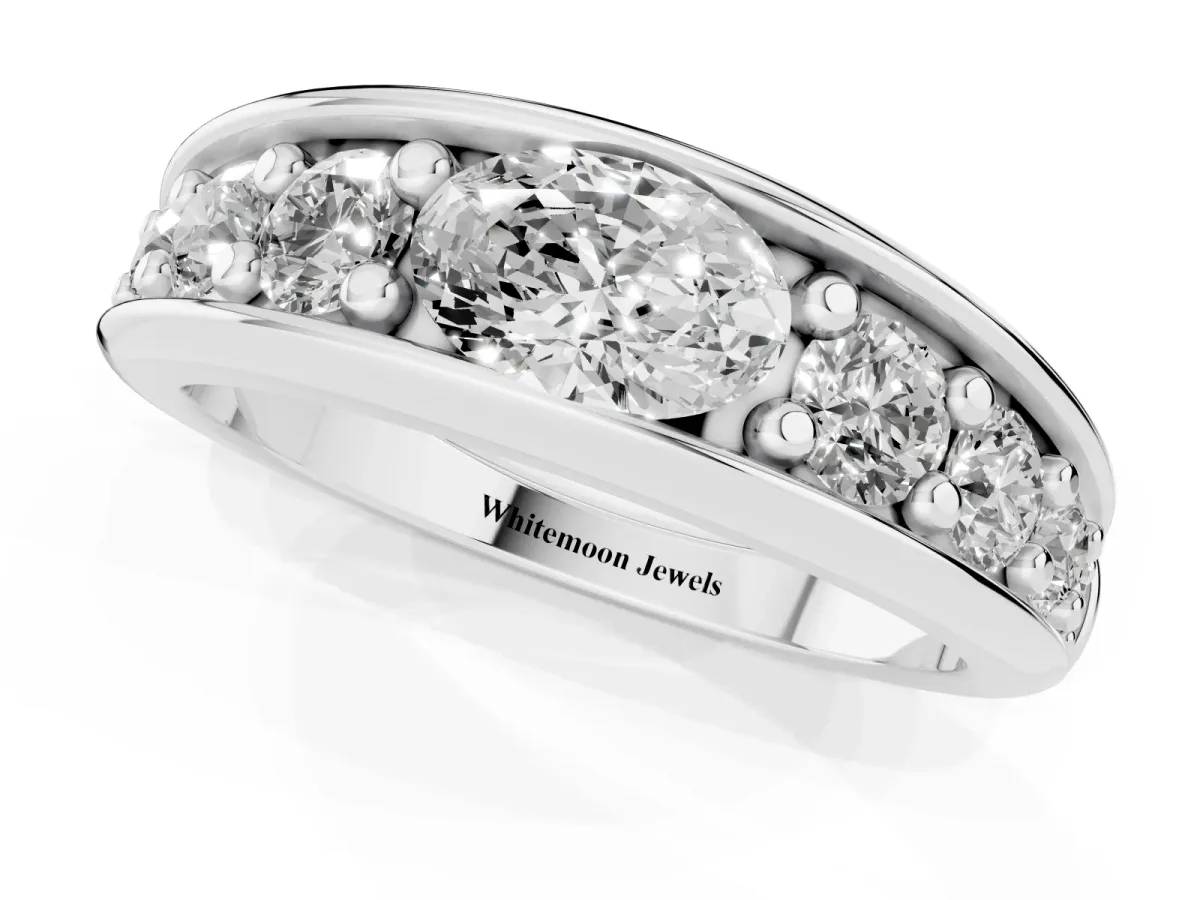 Oval Diamond Mens Ring with Round Diamond Accents Silver