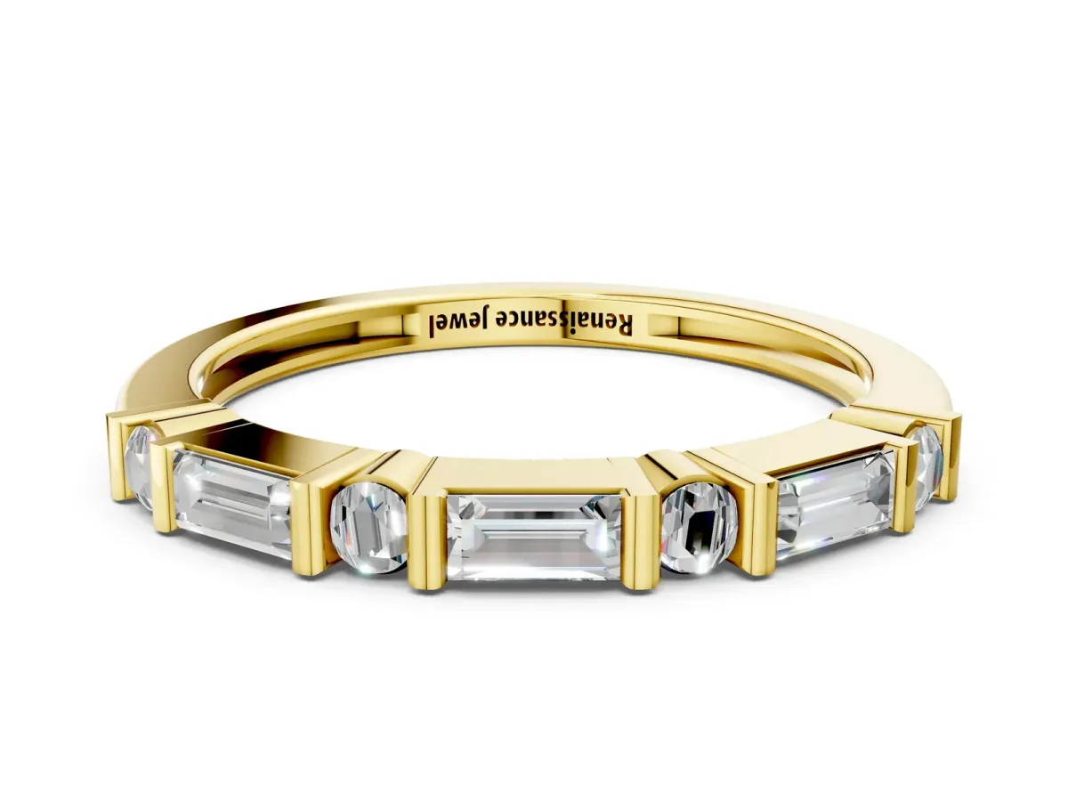 Baguette and Round Diamond Channel Set Half Eternity Band with Bar Prong Setting Yellow gold