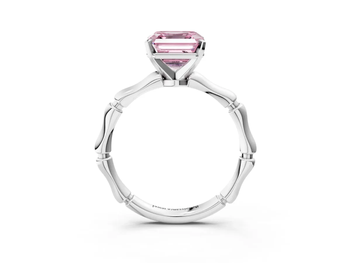 Fancy Pink Asscher Cut Solitaire Diamond Ring with Bamboo Band and Four-Prong Setting Platinum