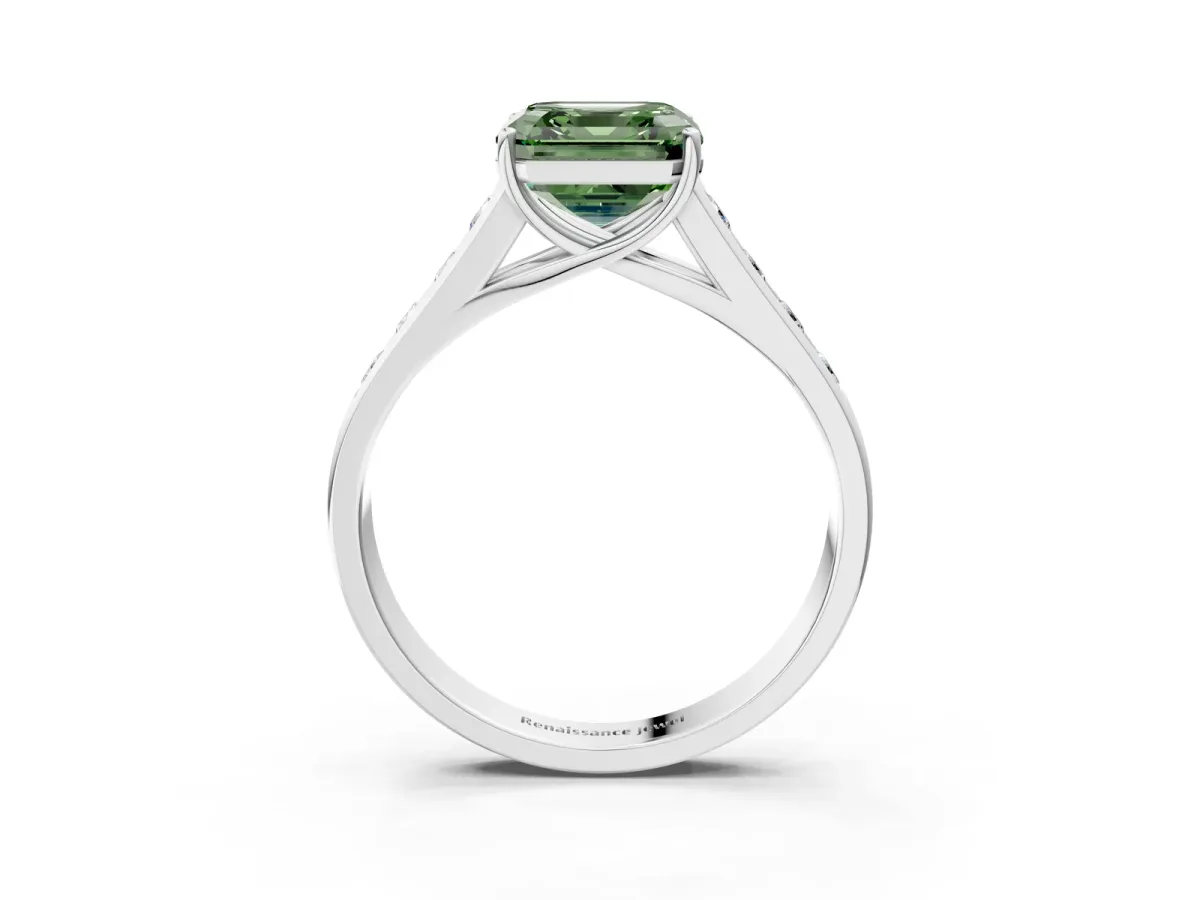 Fancy Green Asscher Cut Brilliant Channel-Set Solitaire Ring with Four-Prong Setting Platinum