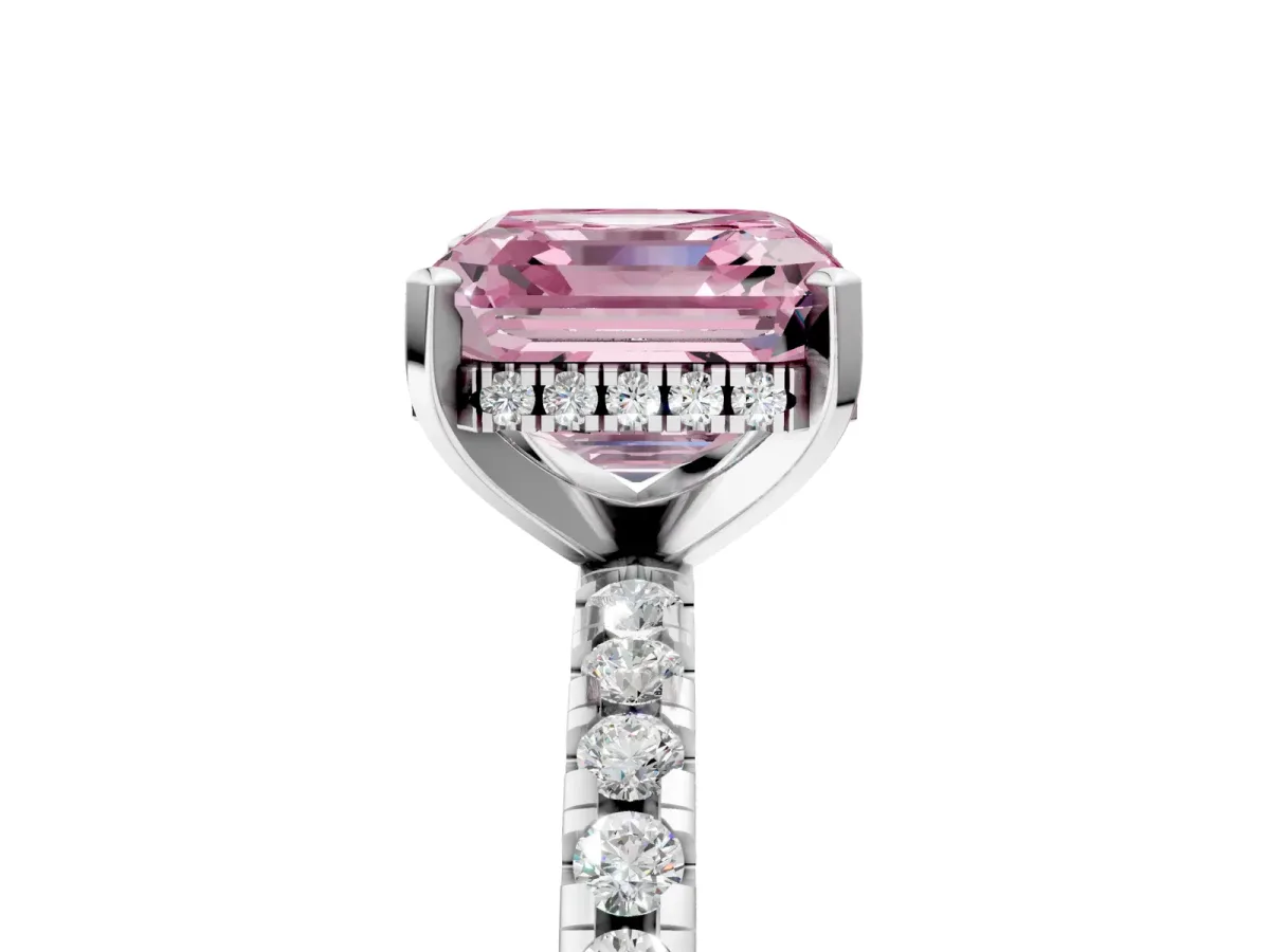Fancy Pink Asscher Cut Diamond Solitaire Ring with Round Pavé Band and Four-Prong Setting Silver