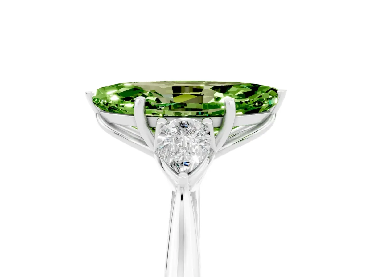 Marquise Cut Peridot Three-Stone Ring with Pear Side Stones and Prong Setting White gold