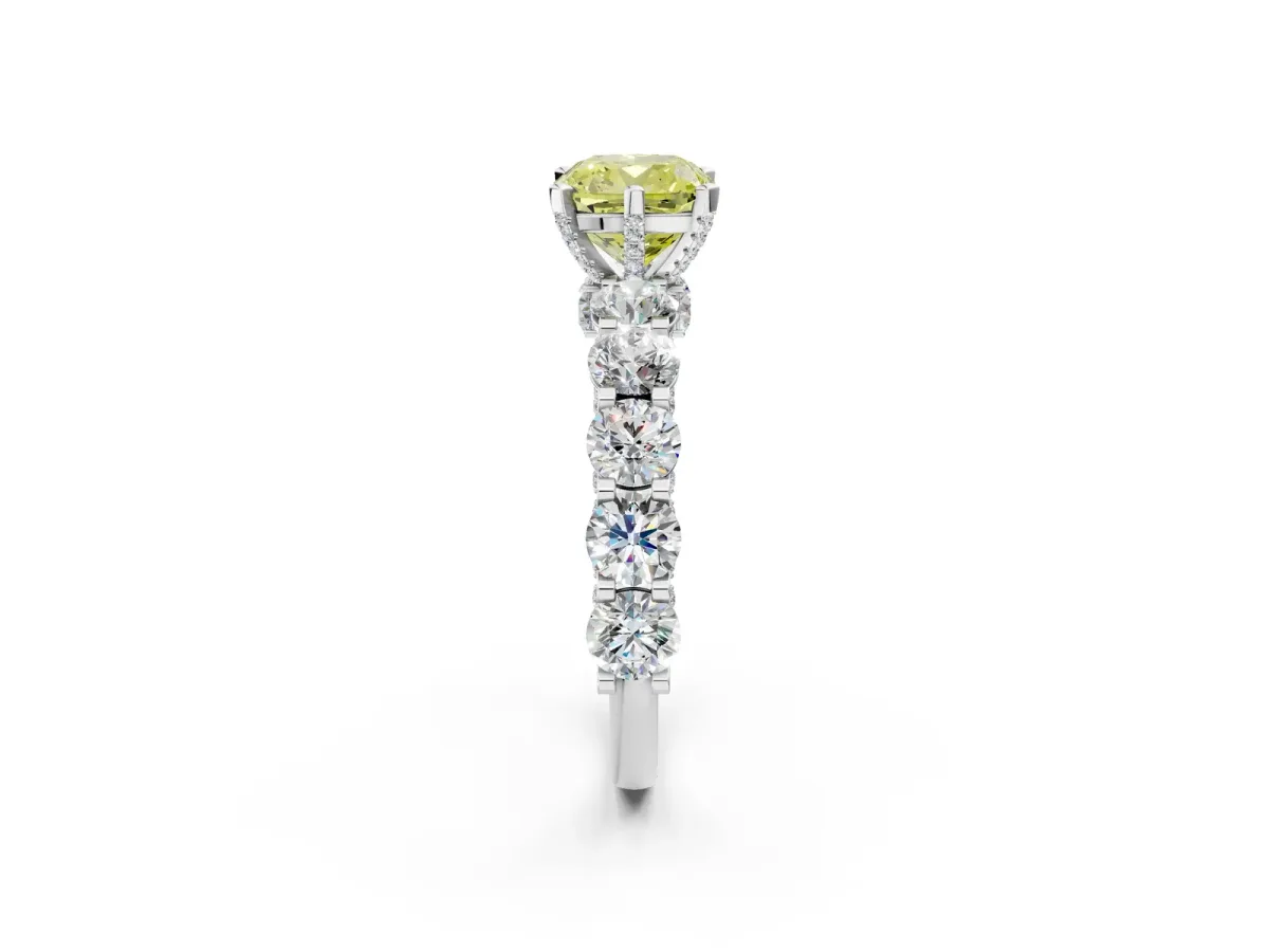 Fancy Yellow Cushion Cut Diamond Side Stone Engagement Ring with Four-Prong Setting White gold