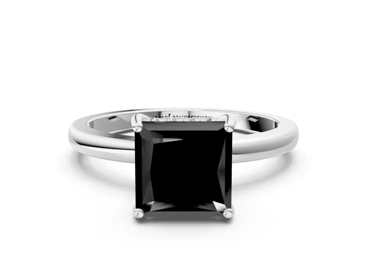 Fancy Black Princess Cut Solitaire Diamond Ring with Prong Setting and Plain Band Silver