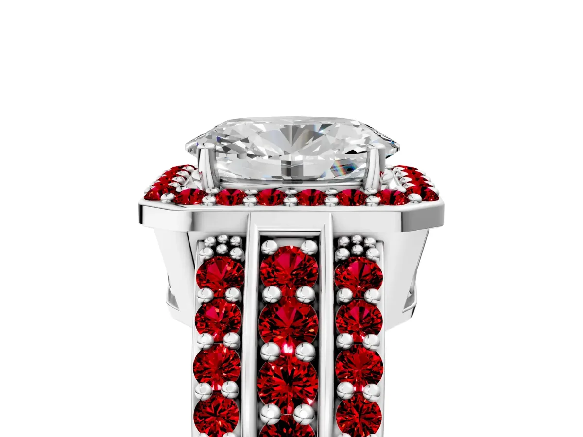 Oval Cut Halo Diamond Ring with Round Ruby Split Shank and Prong Setting White gold