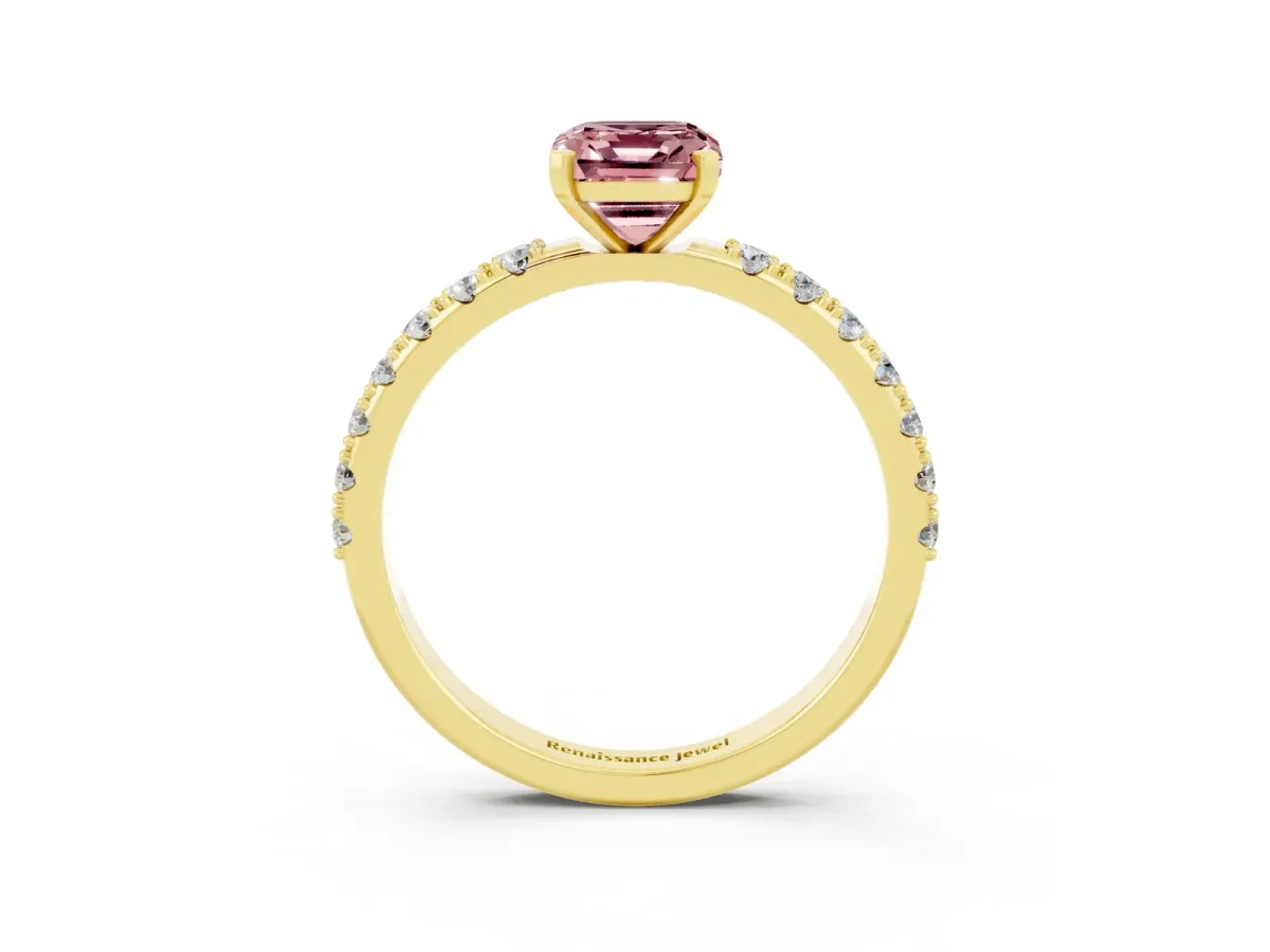 Emerald Cut Morganite Solitaire Pavé Band with Four-Prong Setting Yellow gold
