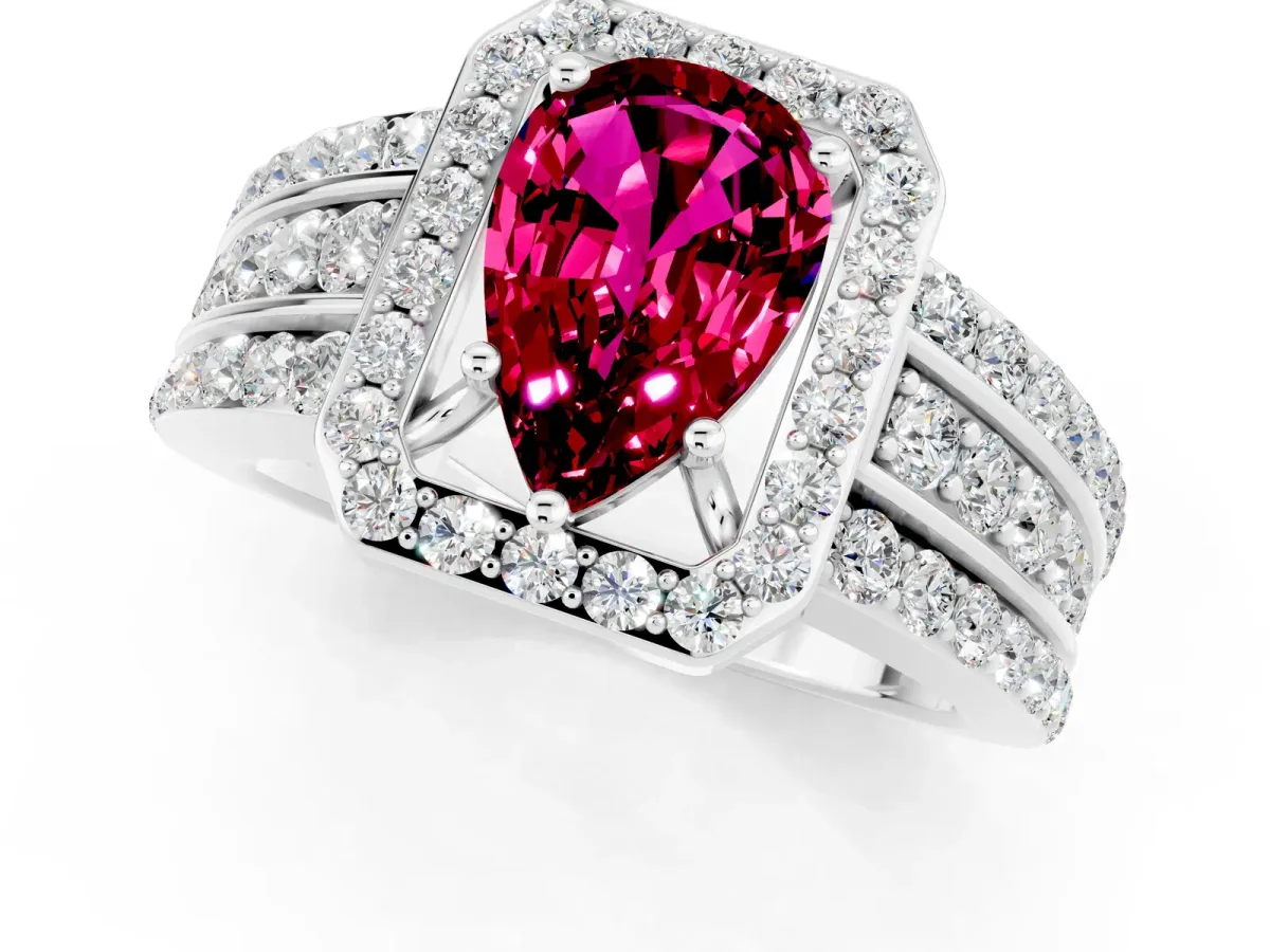 Pear Cut Halo Garnet Ring with Round Split Shank and Prong Setting Silver
