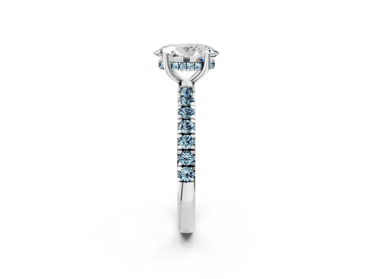 Oval Cut Diamond Pave Band Solitaire Ring with Round Aquamarine and Prong Setting Silver
