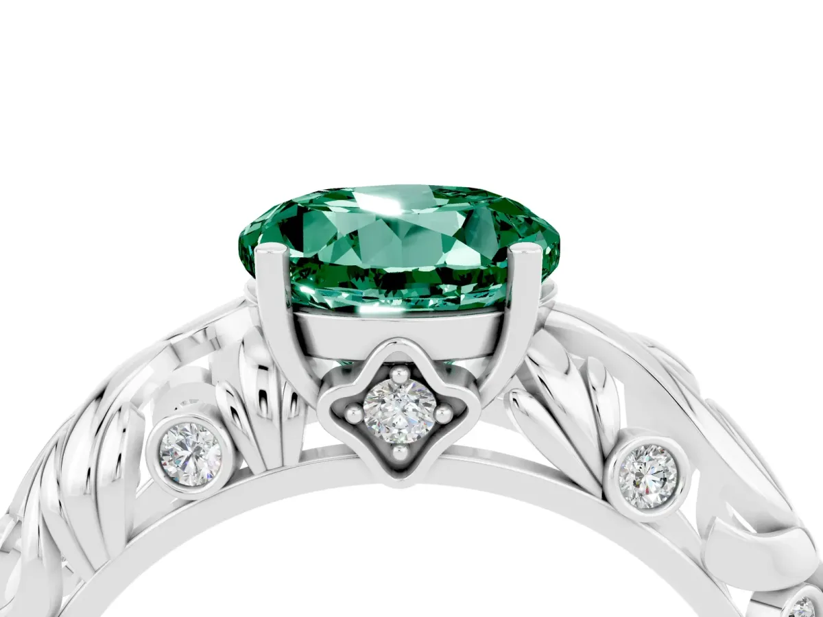 Round Cut Solitaire Green Sapphire Leaf-Inspired Vine Band Ring with Prong Setting Silver