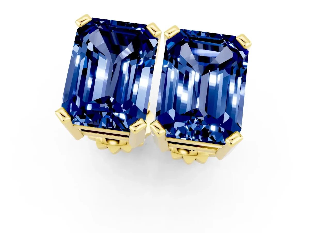 Emerald Cut Blue Sapphire Stud Earrings Yellow gold