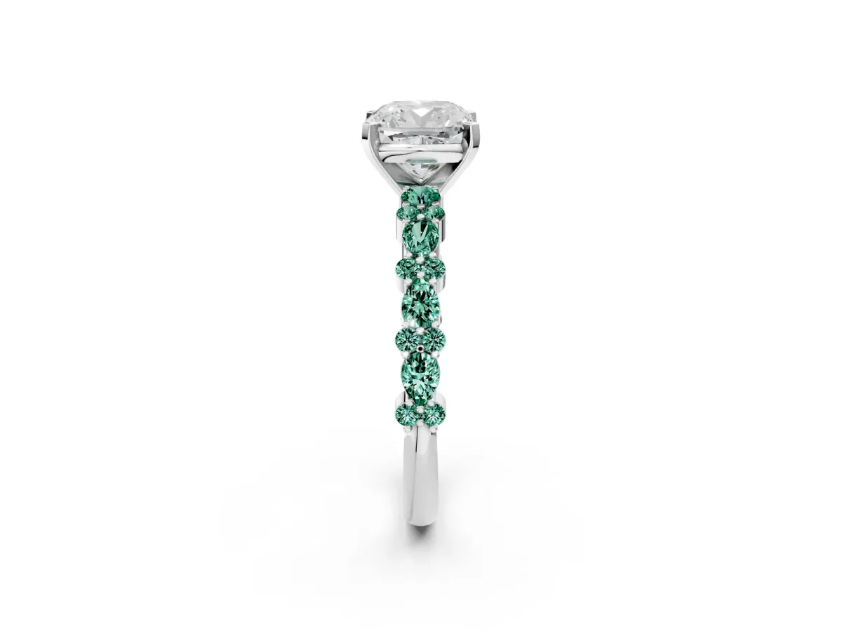 Cushion Cut Diamond Side Stone Solitaire Ring with Round Green Sapphire and Four-Prong Setting Silver