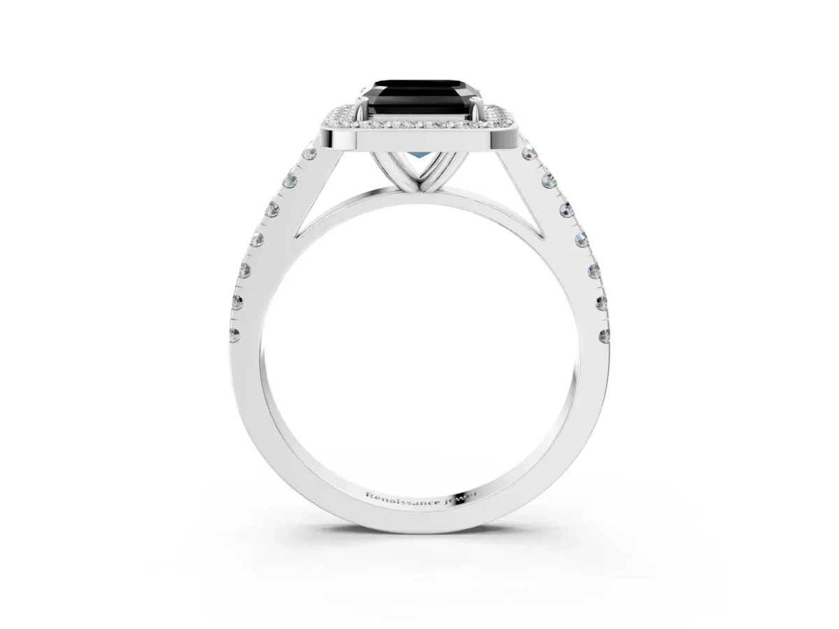 Fancy Black Asscher Cut Diamond Halo Ring with Round Pavé Split Shank and Prong Setting Platinum