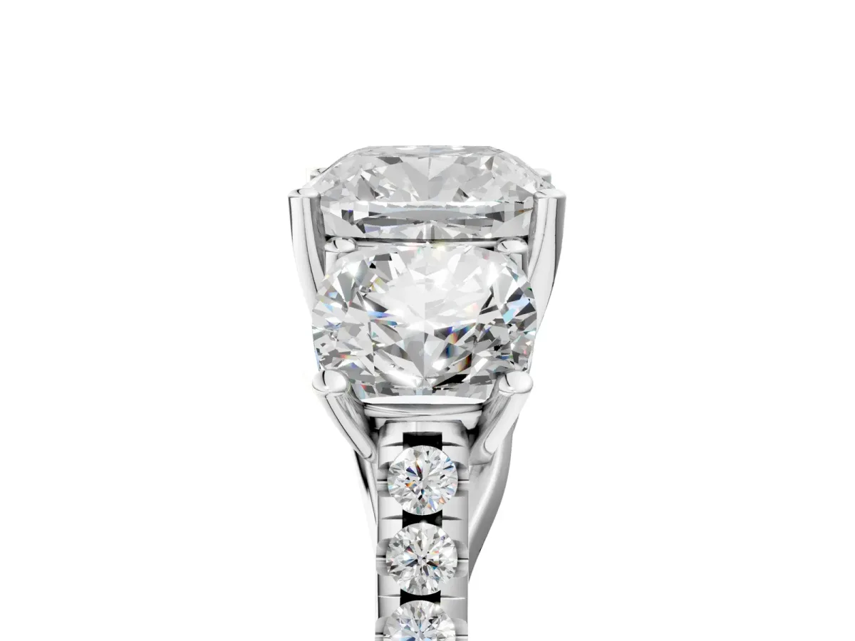 Three-Stone Cushion Cut Diamond Ring with Round Moissanite Pavé Band and Prong Setting Silver