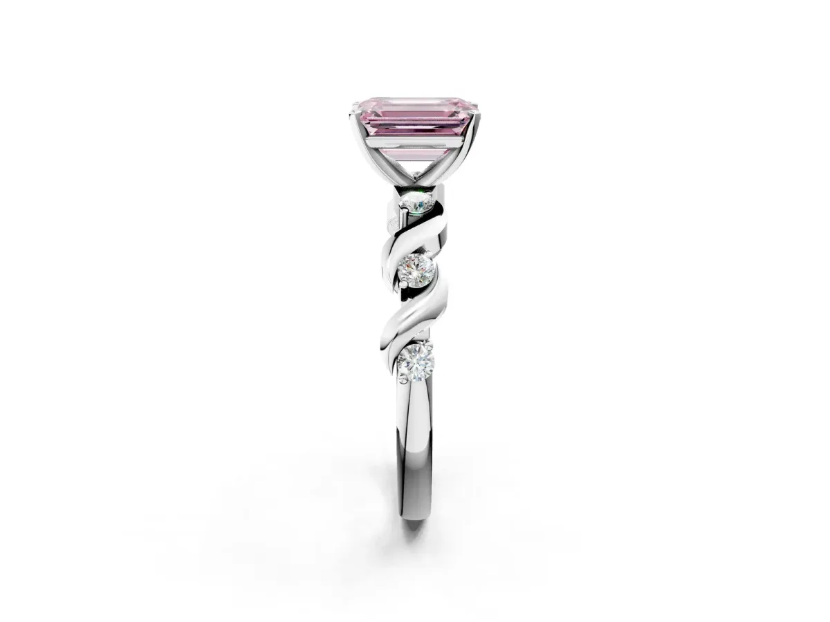 Fancy Pink Emerald Cut Diamond Solitaire Twisted Band with Round Accents and Prong Setting Silver