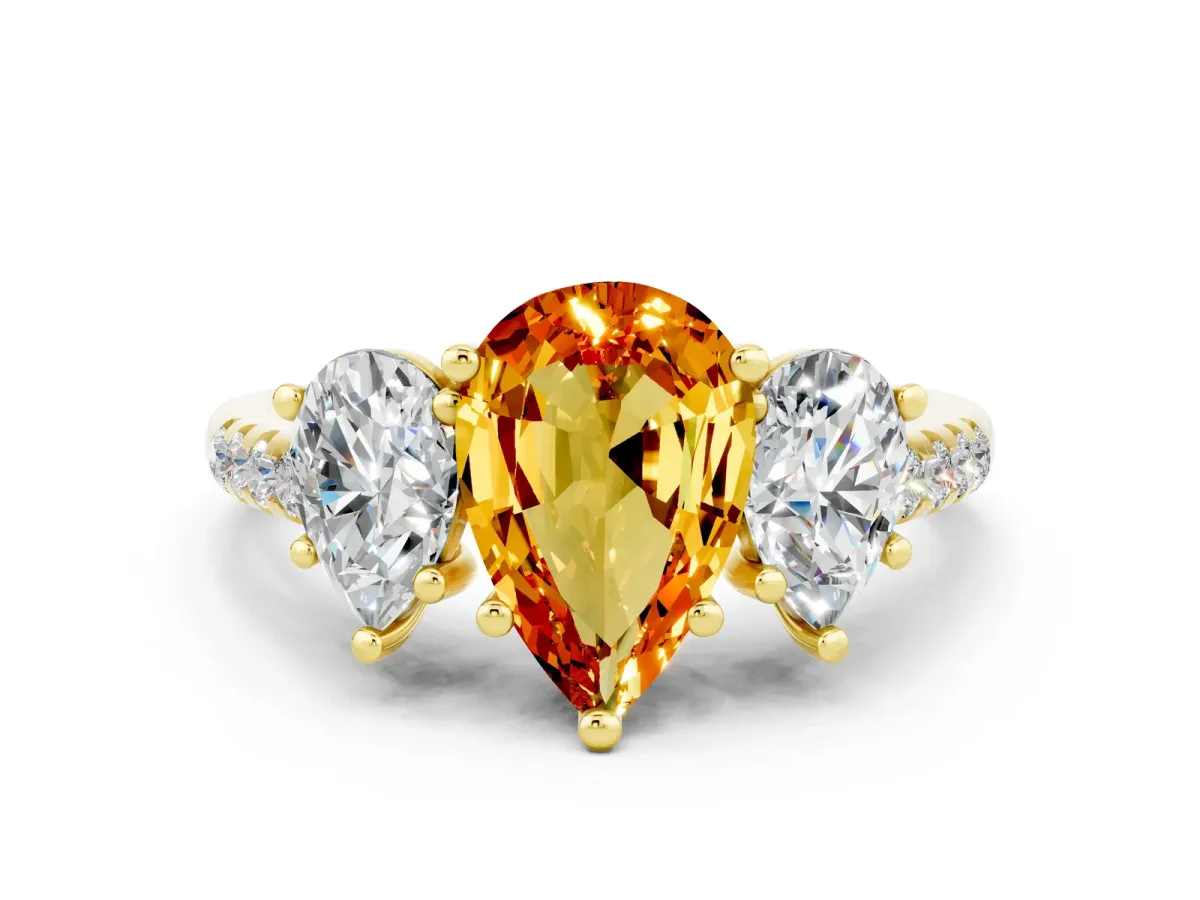 Three-Stone Pear Cut Citrine Ring with Round Pavé Band and Prong Setting Yellow gold