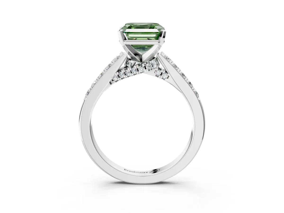 Fancy Green Asscher Cut Diamond Solitaire Ring with Crossover Gallery and Round Pavé Band Silver