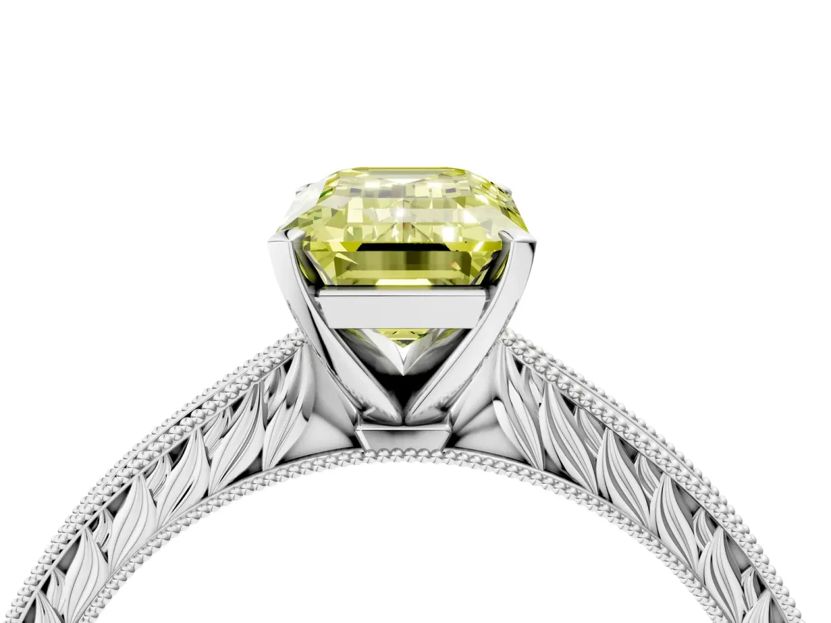 Fancy Yellow Emerald Cut Solitaire Milgrain Engraved Band with Four-Prong Setting White gold