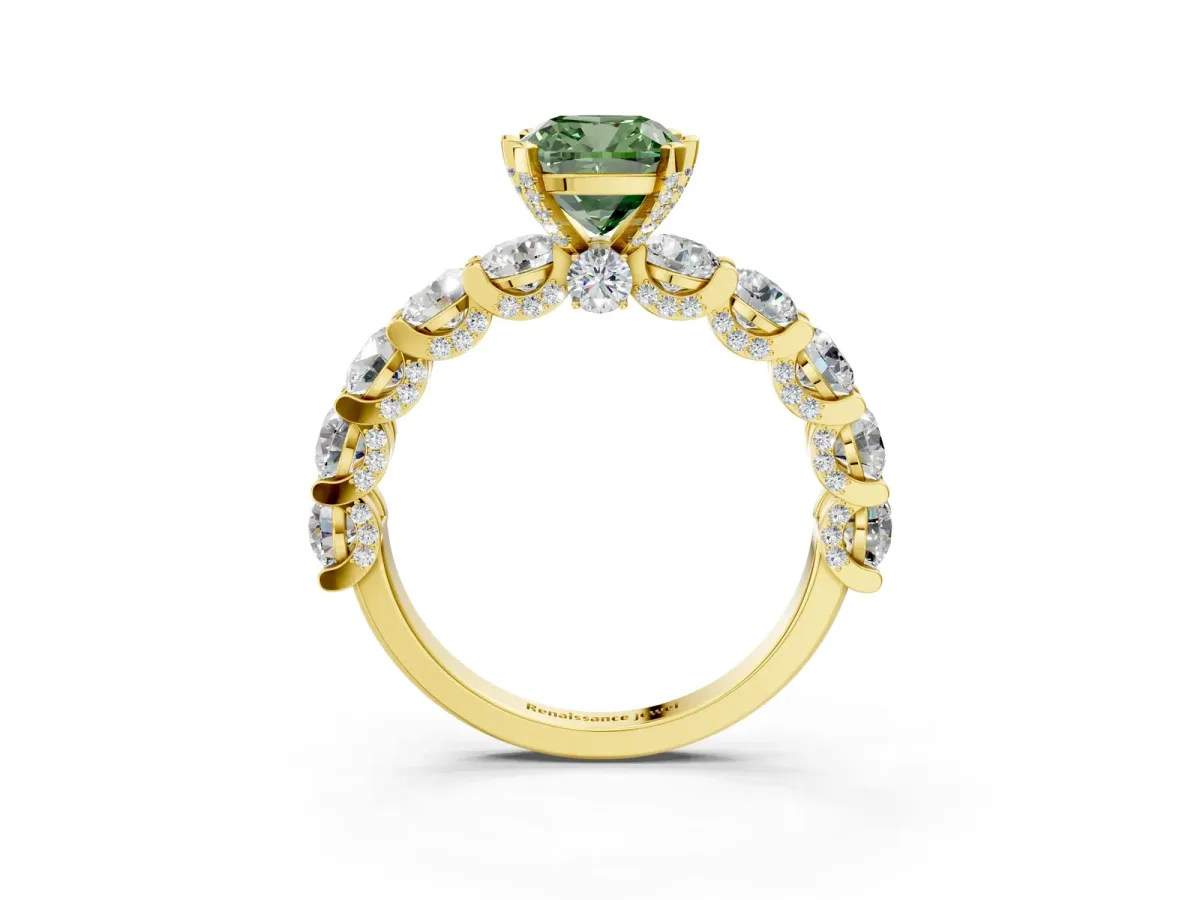 Fancy Green Cushion Cut Diamond Side Stone Engagement Ring with Four-Prong Setting Yellow gold