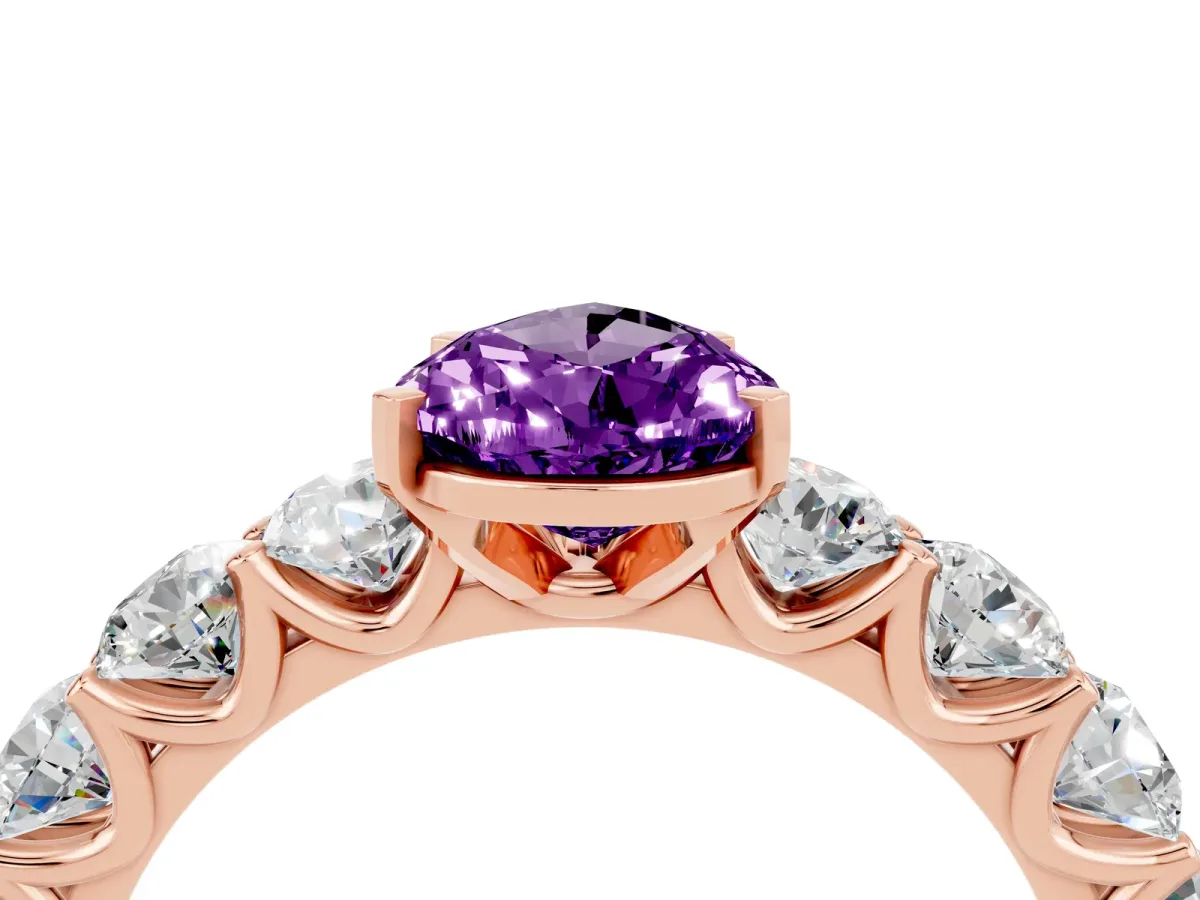 Pear Cut Amethyst Prong Setting with Side Stones on a Pave Band Rose gold