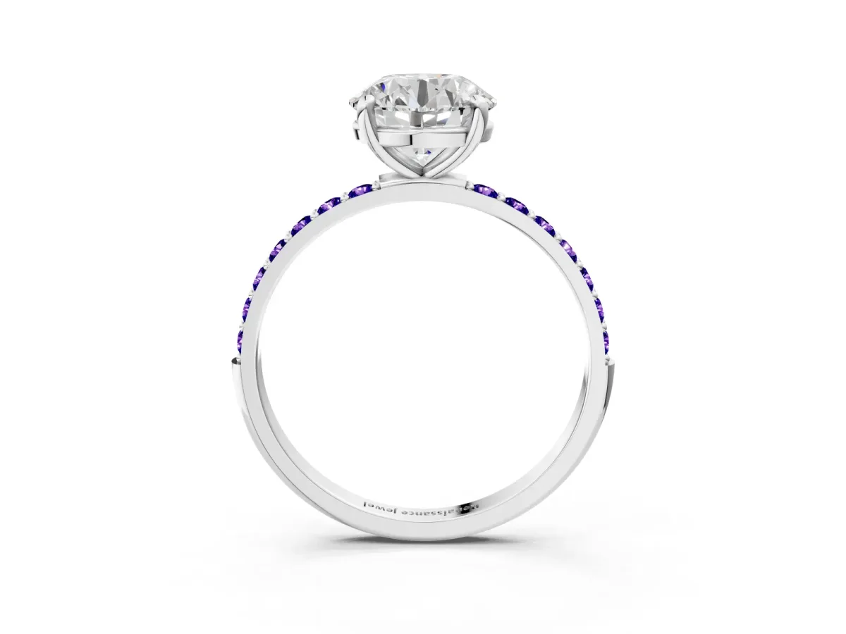 Round Cut Diamond Solitaire Ring with Round Tanzanite Pavé Band and Prong Setting Silver