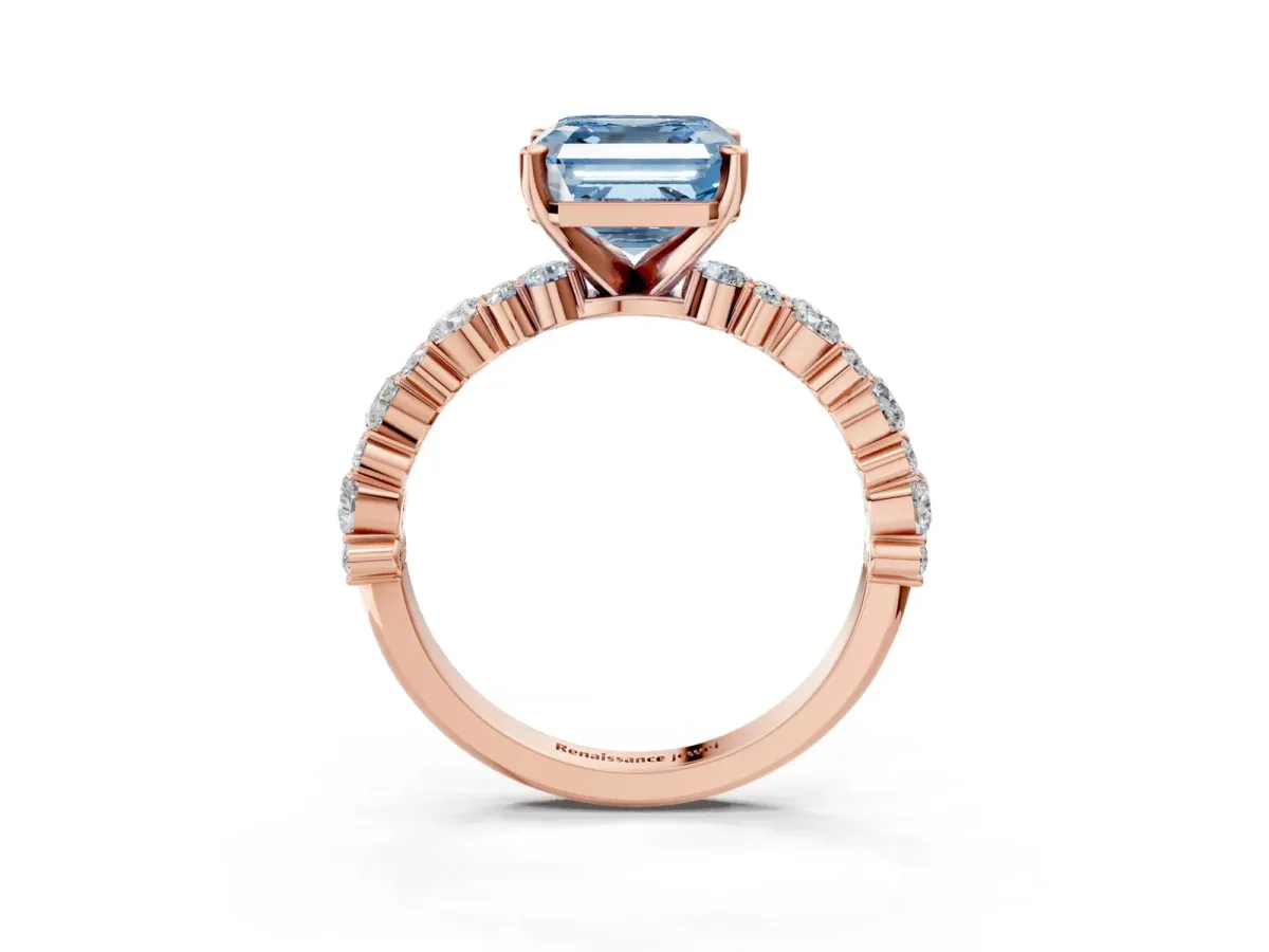 Fancy Blue Asscher Cut Diamond Side Stone Solitaire Ring with Round and Four-Prong Setting Rose gold