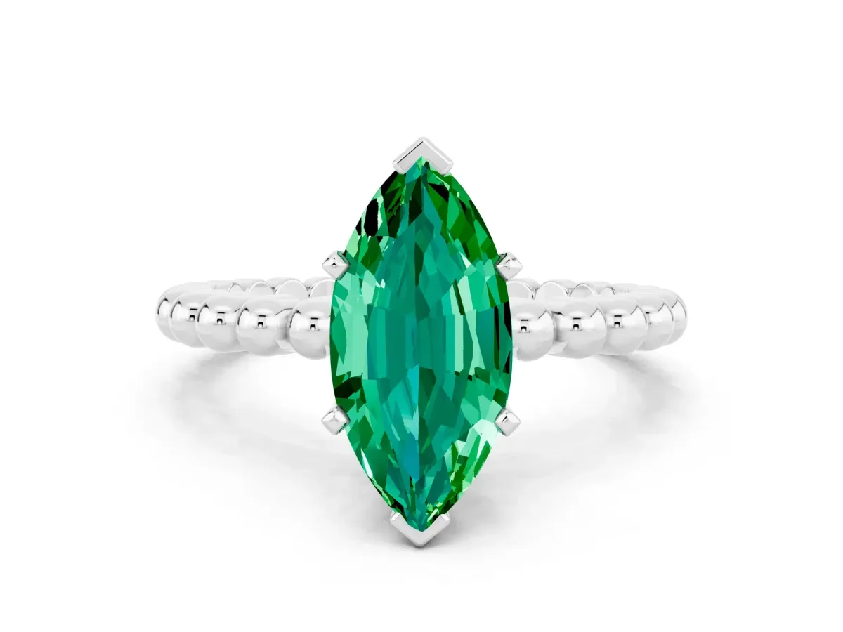 Marquise Cut Emerald Solitaire Ring with Beaded Band and Prong Setting Silver