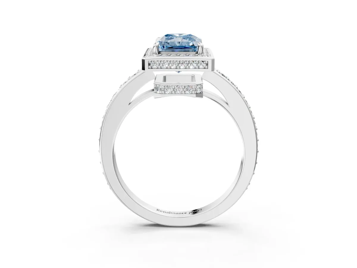 Fancy Blue Radiant Cut Halo Pave Band Solitaire Ring with Prong Setting Platinum