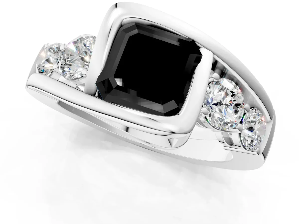 Fancy Black Bezel Set Asscher Cut Diamond Bypass Ring with Round Accents Platinum