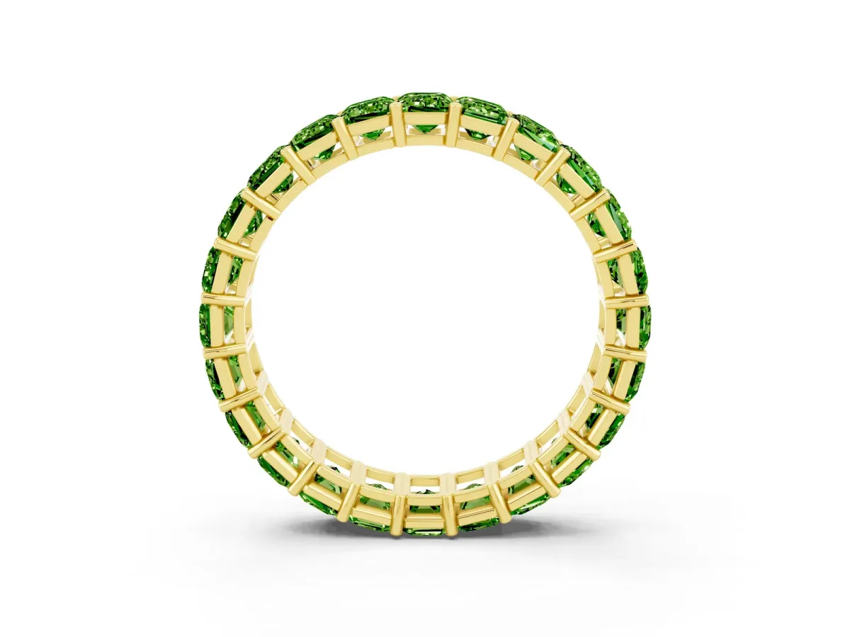 Emerald Cut Peridot Eternity Band with Shared Prong Setting Yellow gold