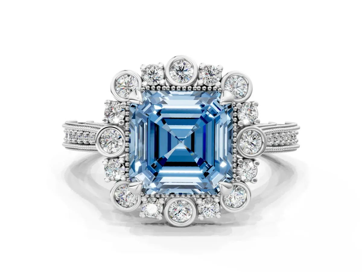 Fancy Blue Asscher Cut Halo Milgrain Pave Diamond Ring with Four-Prong Setting Platinum